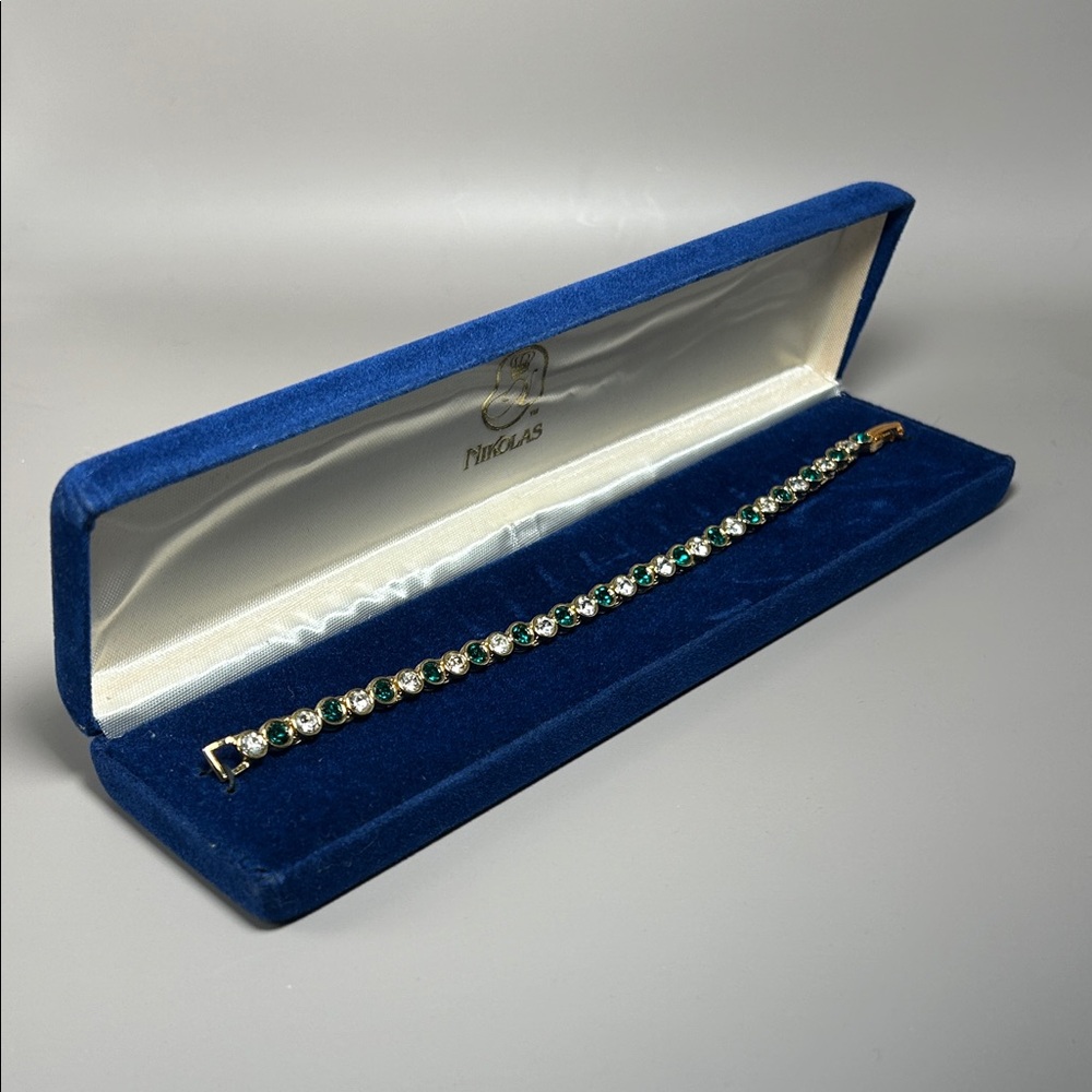House of Nikolas - Gold Tennis Bracelet with Green and Clear Stones